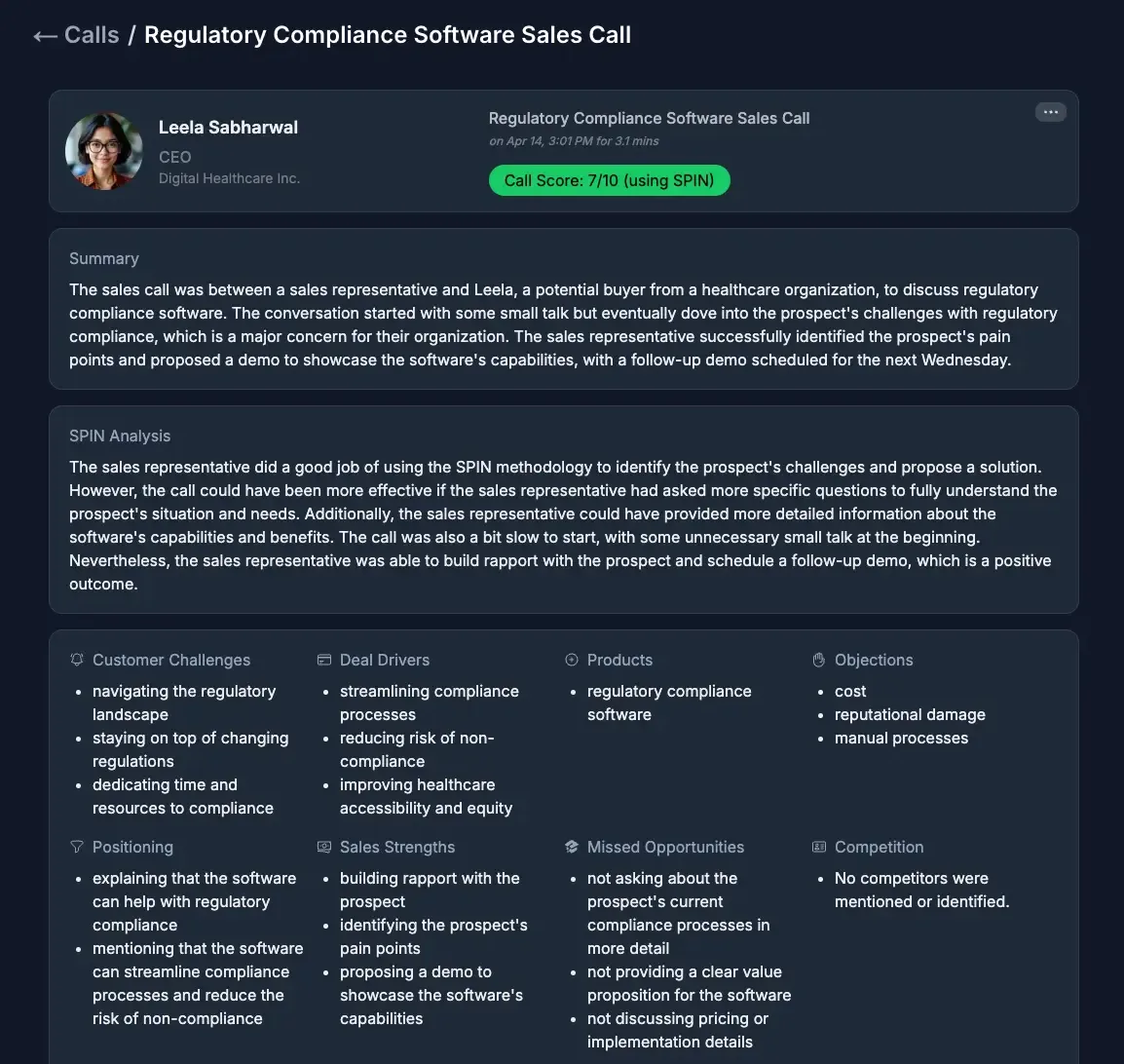 SalesMagic call breakdown with analysis and coaching feedback